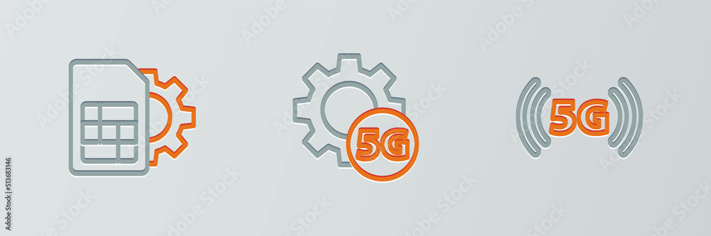 Set line 5G network, Sim card setting and Setting icon. Vector Set line 5G network, Sim card setting and Setting icon. Vector