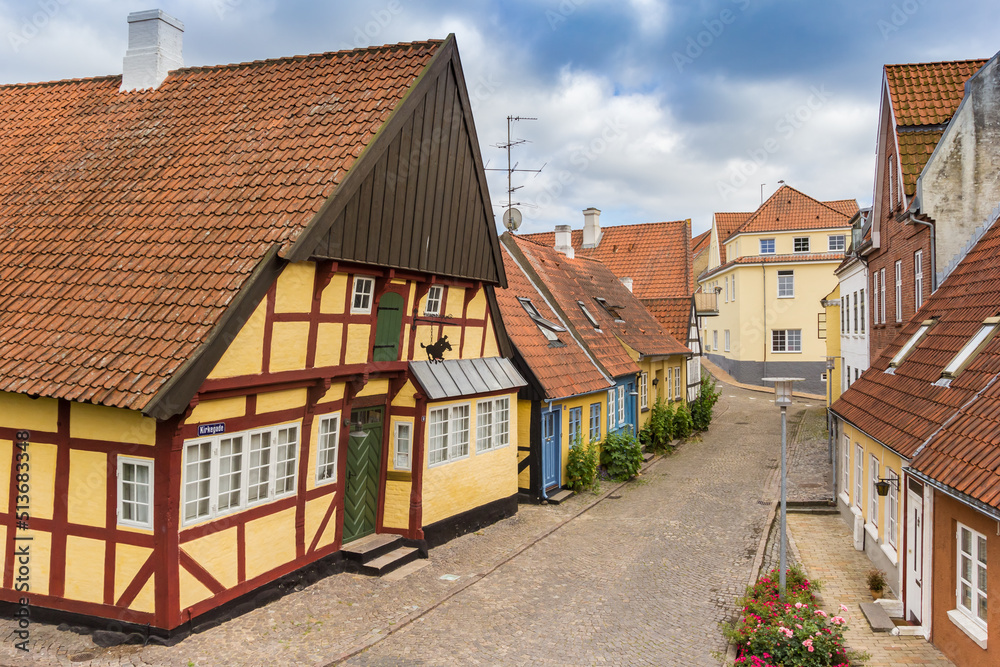 Half timbered house with leaning facade in Sonderborg, Denmark