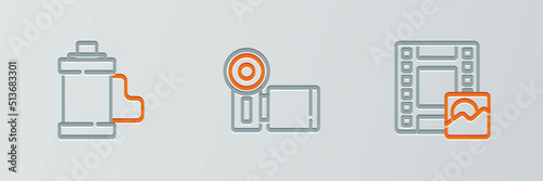 Set line Play Video, Camera film roll cartridge and Cinema camera icon. Vector