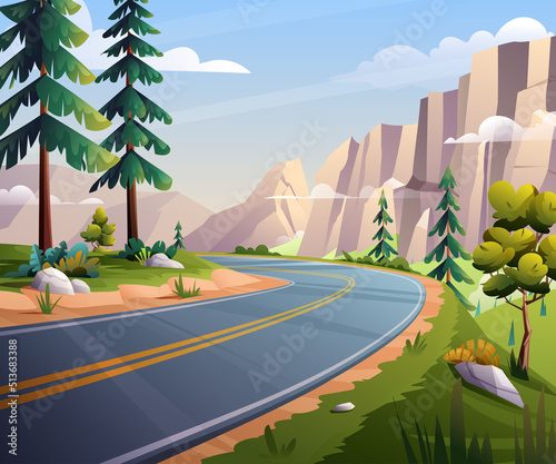 Mountain road landscape illustration. Nature highway with rocky cliff view background