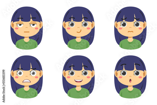 Collection of face expressions cute children cartoon character design. Different emotions girl Vector illustration. Face of smiling, crying, anger, surprise, indifferent isolated on white background.