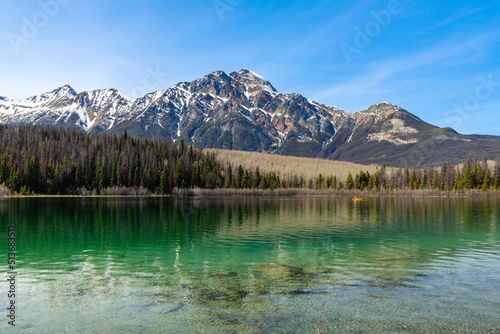 Patricia Lake. Jasper National Park landscape. Canadian Rockies nature scenery background. Alberta, Canada.