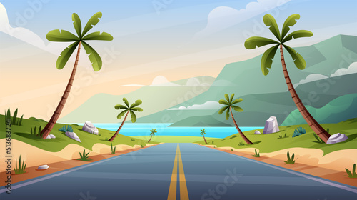 Beach road landscape illustration. Straight highway through palm trees cartoon vector background