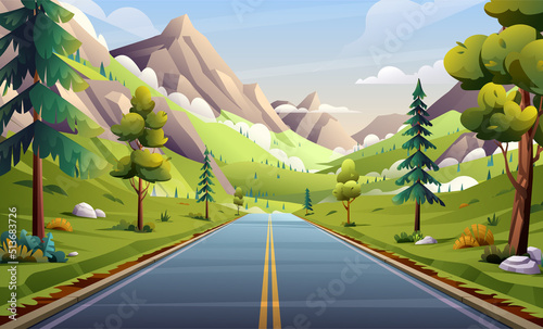 Asphalt road in mountain valley landscape illustration. Nature highway through meadow and trees cartoon background
