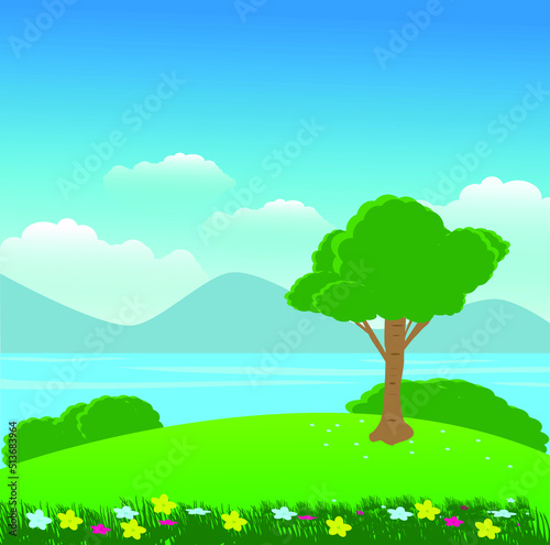 green hill lake with mountains landscape blue sky vector 