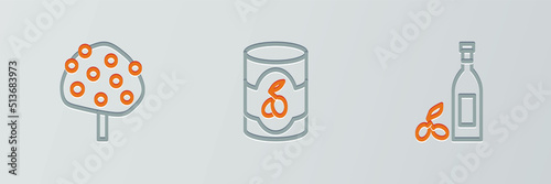 Set line Bottle of olive oil, Orange tree and Olives in can icon. Vector