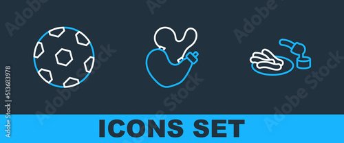 Set line Churros and chocolate, Football ball and Spanish wineskin icon. Vector
