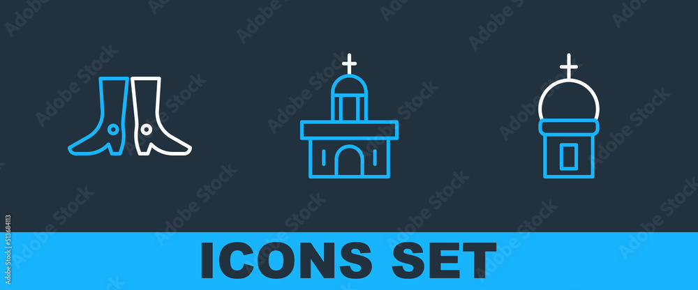 Obraz premium Set line Church tower, Ukrainian footwear and building icon. Vector
