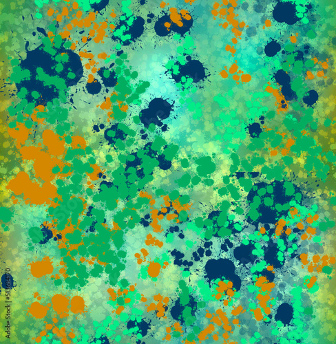 Abstract blurred painted pattern in green, orange and blue  hues Multicolored layered blots, splashes, strokes and scribbles © Olga