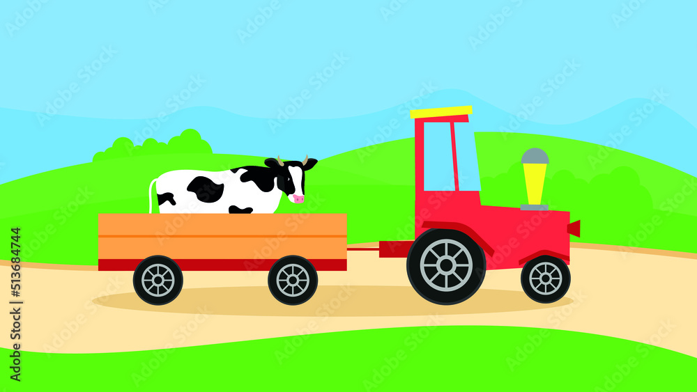 A tractor is carrying a cow in a trailer