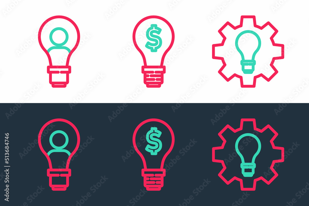 Set line Light bulb and gear, Head with lamp and dollar icon. Vector Set line Light bulb and gear, Head with lamp and dollar icon. Vector