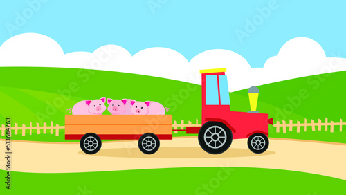 Tractor carries pigs in a trailer