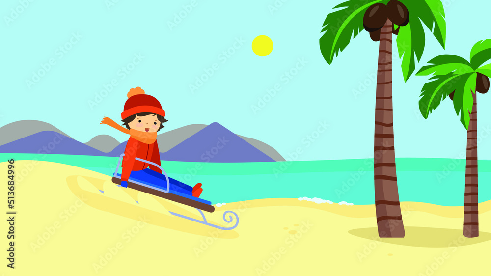 Fototapeta premium A boy in a hat and scarf sledding on a sandy seashore under palm trees in summer