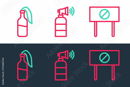 Set line Protest  Cocktail molotov and Air horn icon. Vector