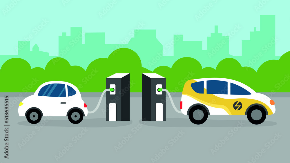 Two electric car being charged at the station in the city Two electric car being charged at the station in the city