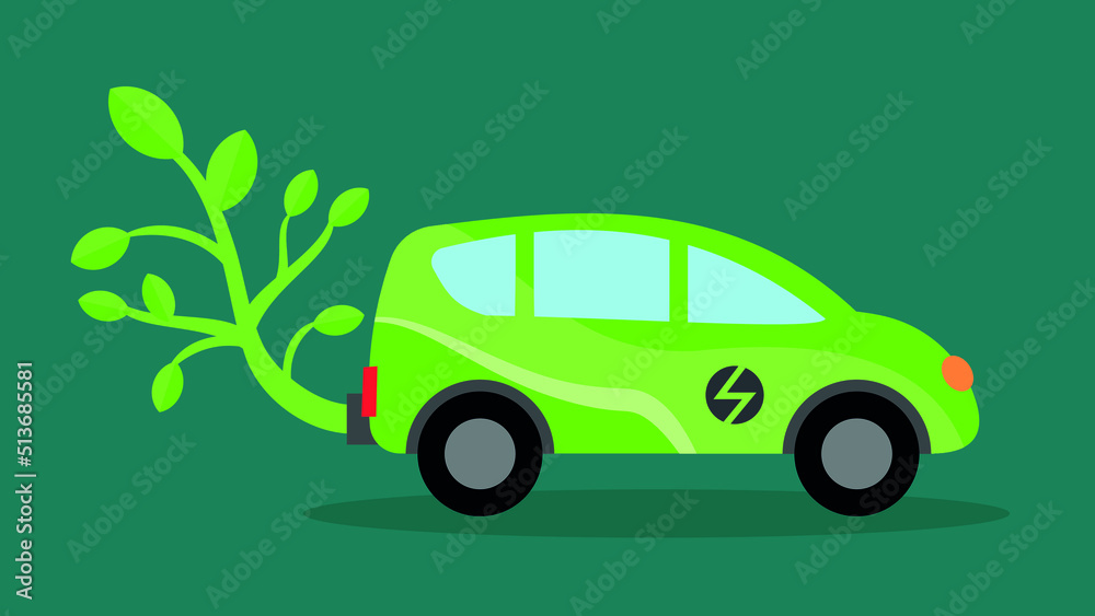 Electric car with green exhaust in the form of a green tree