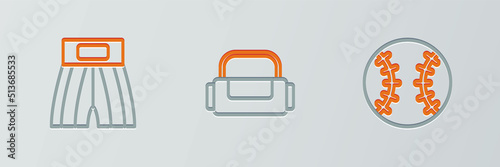 Set line Baseball ball, Boxing short and Sport bag icon. Vector