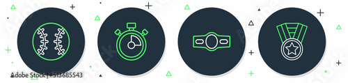 Set line Stopwatch, Boxing belt, Baseball ball and Medal icon. Vector