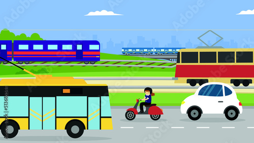 Urban transport. Train, tram, trolleybus, scooter, car