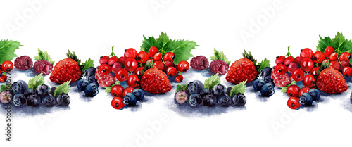 Berries fruit seamless horizontal border. Ripe strawberries, blueberries, raspberries, red currants. Hand drawn watercolor white background for menus, postcards, textiles, fabric, prints, labels.