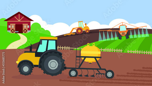 Tractors and harvester work in the fields