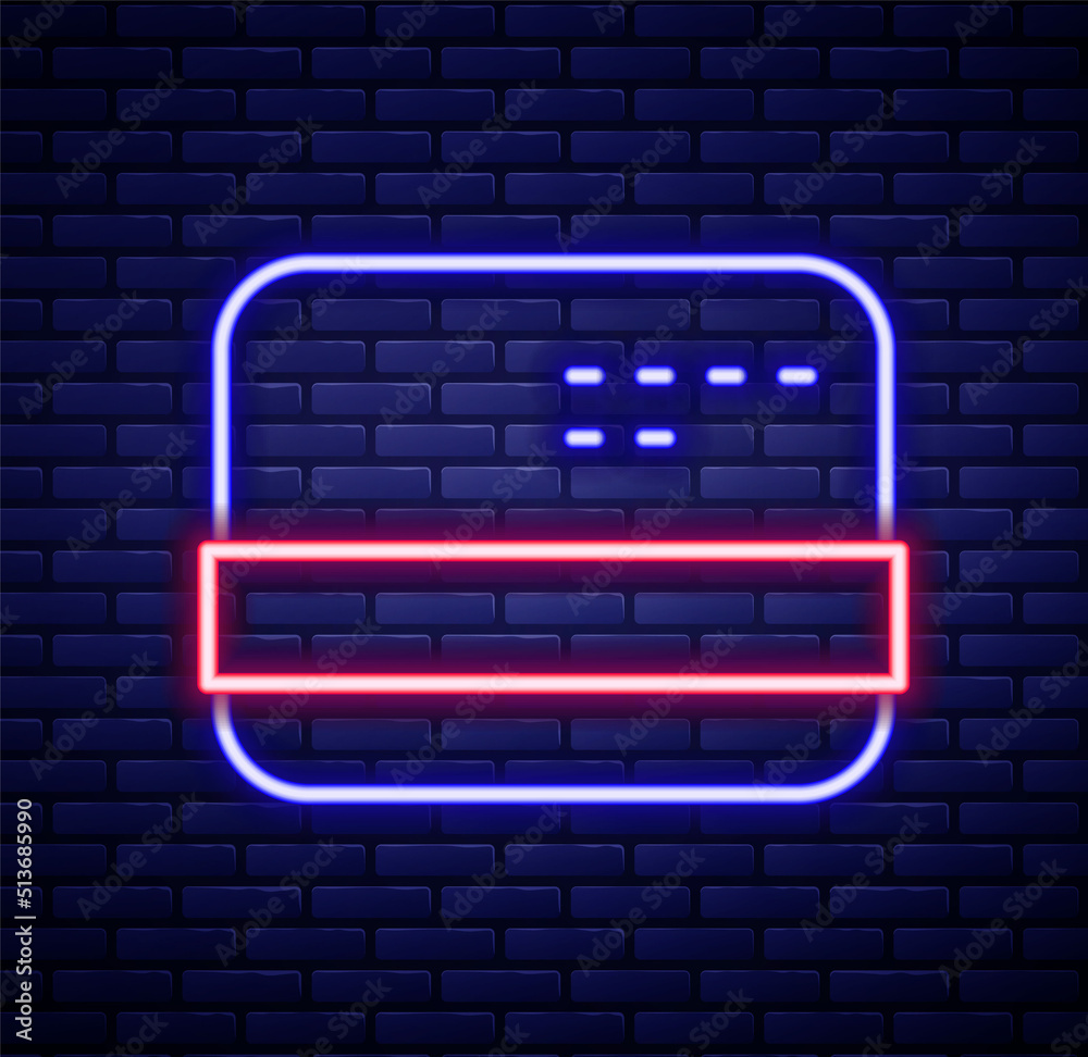 Glowing neon line Credit card icon isolated on brick wall background. Online payment. Cash withdrawal. Financial operations. Shopping sign. Colorful outline concept. Vector Glowing neon line Credit card icon isolated on brick wall background. Online payment. Cash withdrawal. Financial operations. Shopping sign. Colorful outline concept. Vector