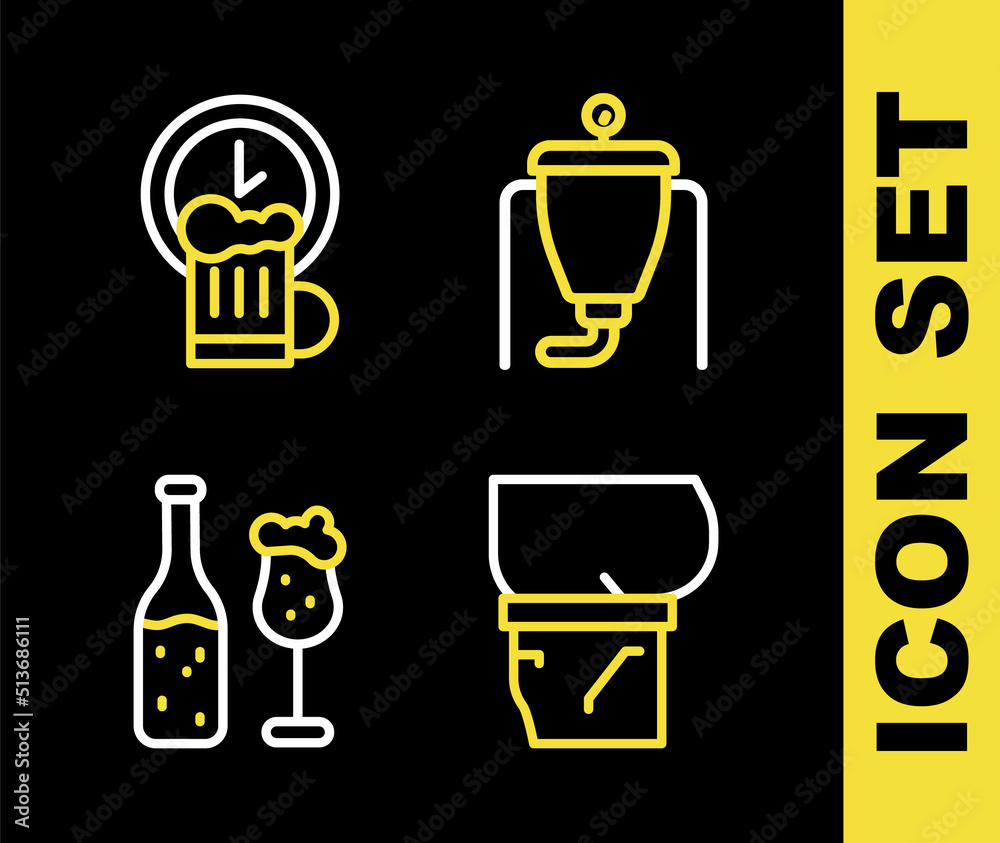 Set line Beer brewing process, belly, bottle and glass and Happy hour icon. Vector Set line Beer brewing process, belly, bottle and glass and Happy hour icon. Vector