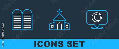 Set line Star and crescent, The commandments and Church building icon. Vector