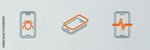 Set line Phone repair service, System bug mobile and Glass screen protector icon. Vector