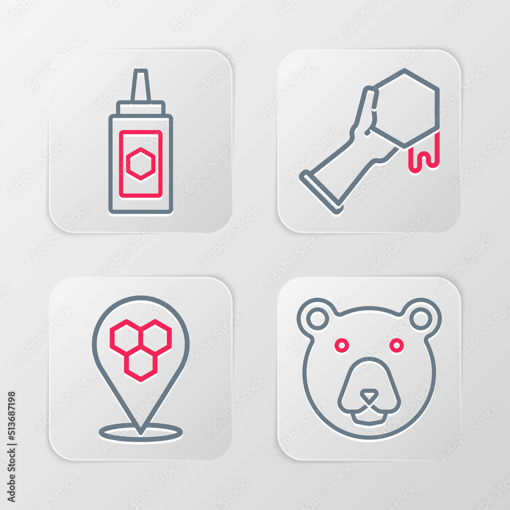 Set line Bear head, Honeycomb bee location, and hand and Jar of honey icon. Vector Set line Bear head, Honeycomb bee location, and hand and Jar of honey icon. Vector