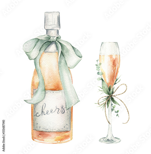 Gold wedding champagne watercolor illustration on white background. Holiday greeting card design. Bottle and glass of sparkling wine set