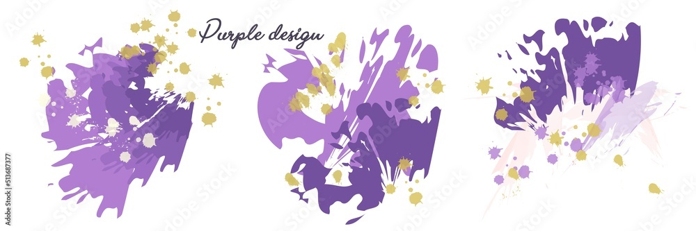 Vector purple watercolor design with golden splashes. Background for postcards, business cards, invitations, wedding design.