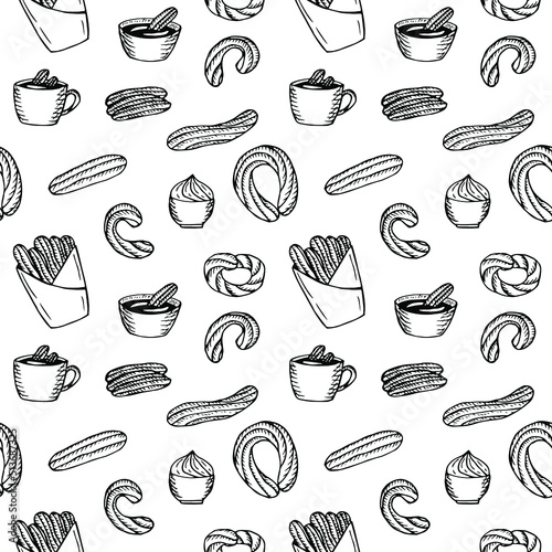 Churros dessert seamless pattern vector illustration, hand drawing sketch photo
