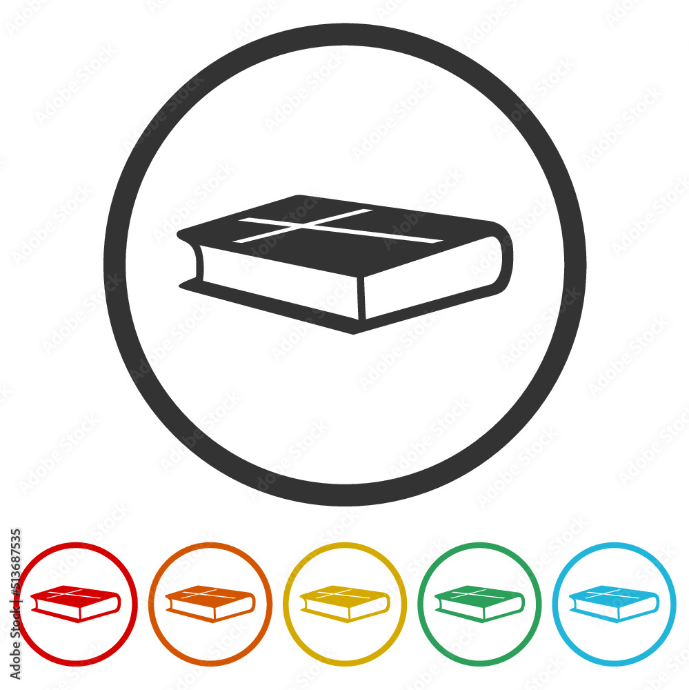 Holy bible book with cross icons in color circle buttons Holy bible book with cross icons in color circle buttons