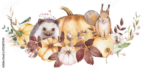 Woodland animals and fall floral composition. Cute autumn hand-painted border. Watercolor harvest illustration on white background. For posters, prints, cards, invites