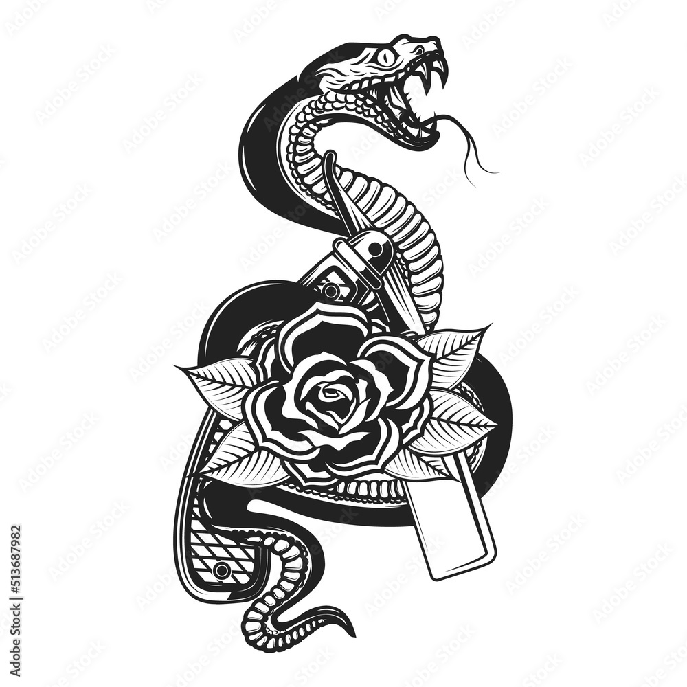 Illustration of the snake, barbers razor and roses. Design element for  poster, t shirt, card, banner. Vector illustration Stock Vector | Adobe  Stock