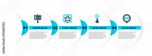 Set line No overtaking road traffic, Hospital, Drawbridge ahead and Traffic light icon. Vector