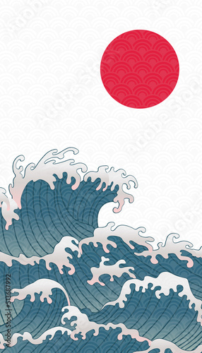 Asian illustration of ocean waves and sun. Jupanese sunset