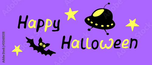 Happy Halloween-lettering with bat, flying saucer. Set of Isolated flat design elements, black silhouette. Festive title for greeting card, invitation, party, poster, banner