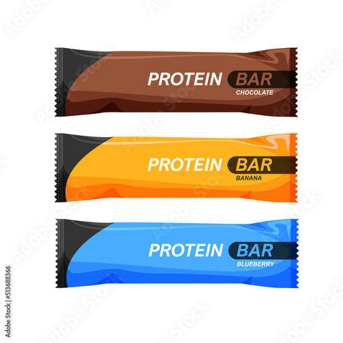 Protein bar chocolate, banana, blueberry flavors. Energy or nutritional bars in trendy flat style. Sport and fitness supplements template. Vector illustration.	
