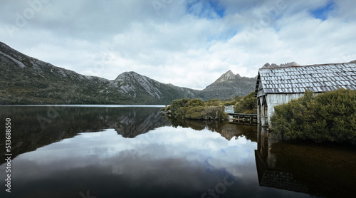 lake in the mountains and shack