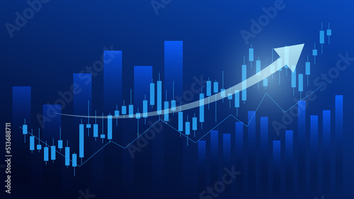 stock market and cryptocurrency trading chart concept. candlestick and bar graph with volume indicator show digital money or financial statistics and business earning management on blue background 