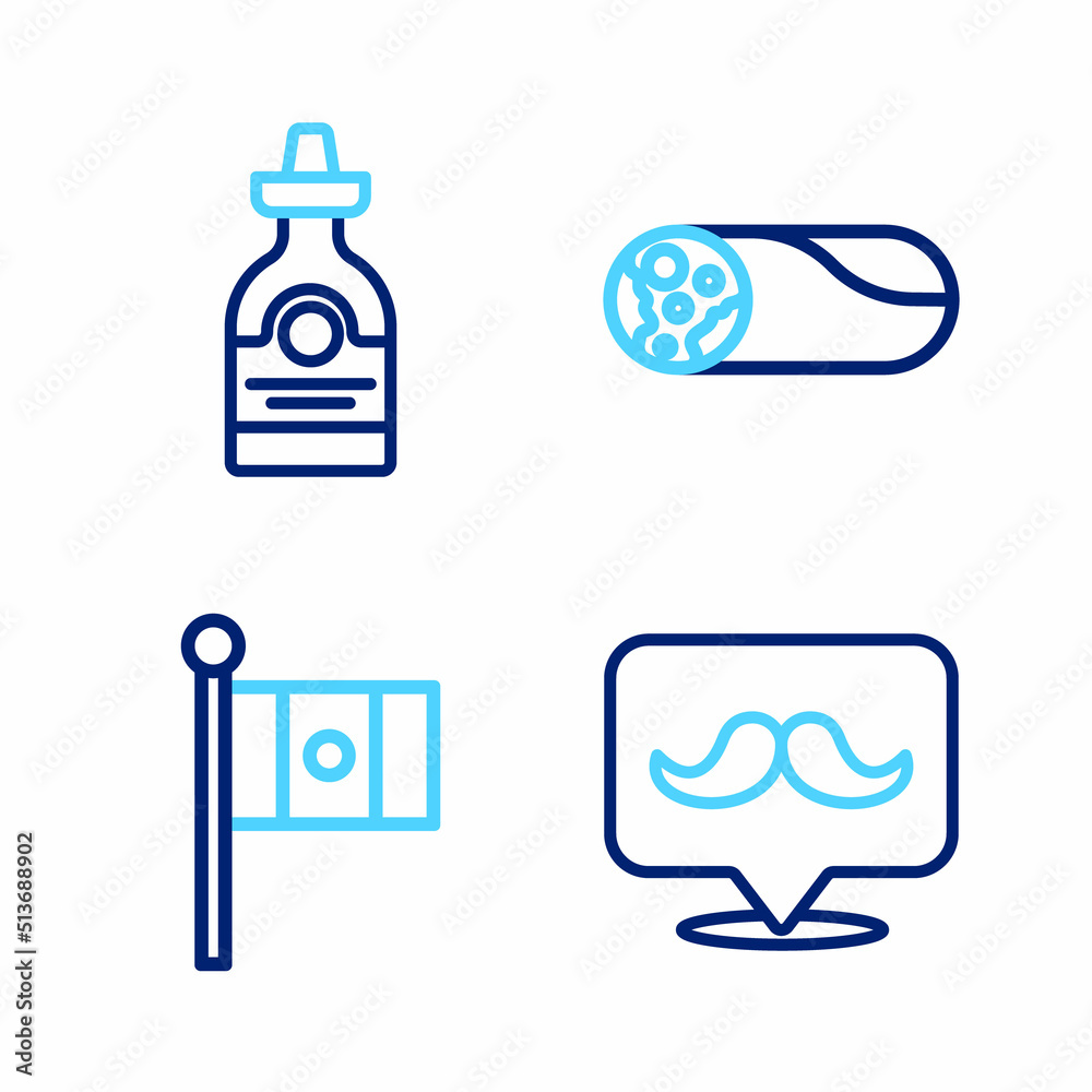 Obraz premium Set line Mustache, Mexico flag, Burrito and Tequila bottle icon. Vector