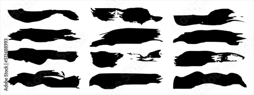 Vector collection of artistic grungy black paint hand made creative brush stroke set isolated on banner background. A group of abstract grunge sketches for design education or graphic art decoration