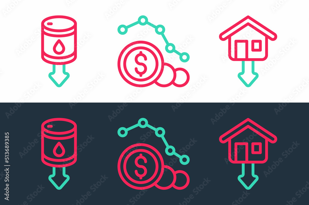 Set line Falling property prices, Drop crude oil and Dollar rate decrease icon. Vector Set line Falling property prices, Drop crude oil and Dollar rate decrease icon. Vector