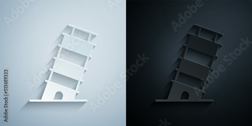 Paper cut Leaning tower in Pisa icon isolated on grey and black background. Italy symbol. Paper art style. Vector