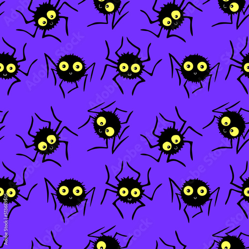 Seamless pattern of cute little spiders with eyes. Halloween vector backgrounds and textures in flat style
