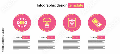 Set line Passport, Airline ticket, Parachute and Helicopter landing pad icon. Vector