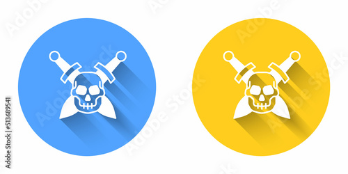 White Crossed medieval sword with skull icon isolated with long shadow background. Medieval weapon. Circle button. Vector