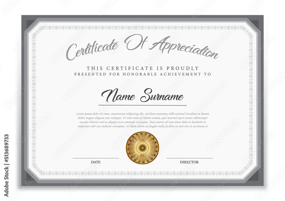 Certificate of achievement template, black and grey. Clean modern certificate with gold badge. border with simple vintage ornament. Diploma vector template